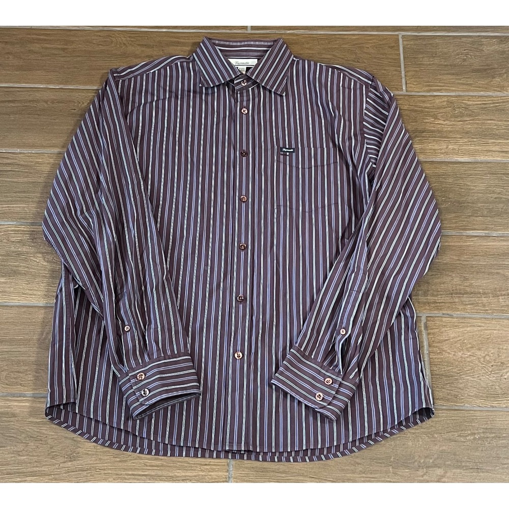 Faconnable Mens XL Button Down Shirt Plum Purple Blue White Striped Cotton L/S